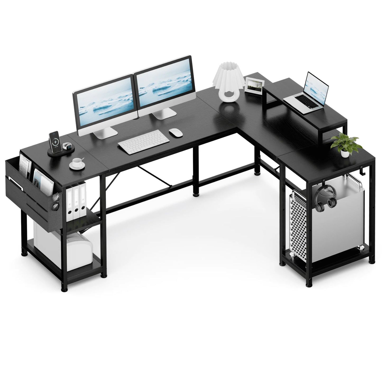 Lulive L-Shaped Computer Desk, 95" Reversible Computer Desk Office Desk with 3 Shelves/Monitor Stand/Storage Bag/Hooks for Home Office, Black