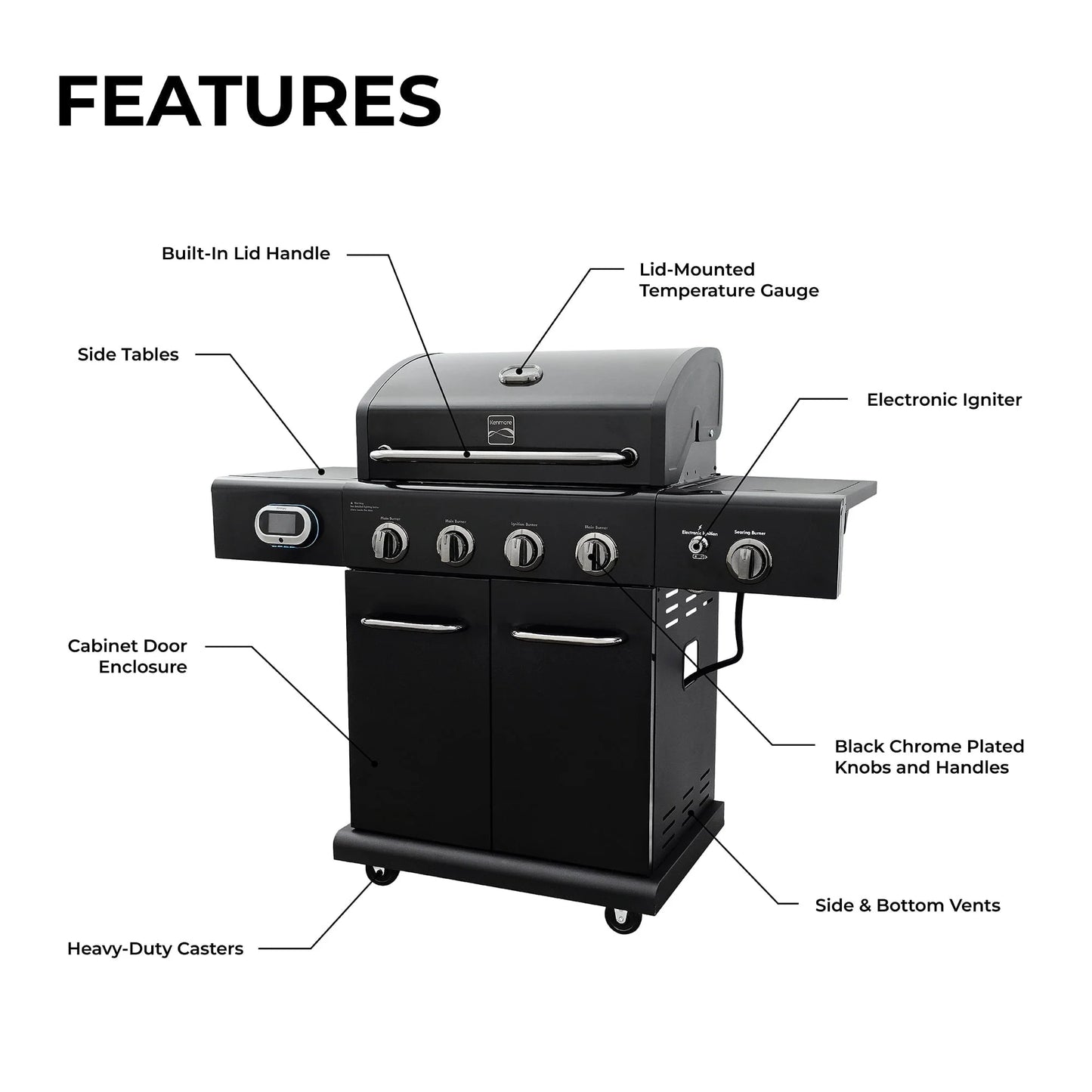 4-Burner Smart Gas Grill with Side Searing Burner, Black with Chrome Accents