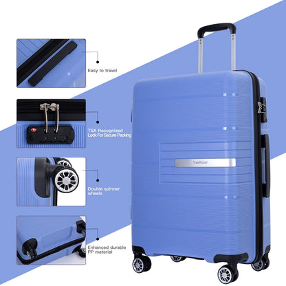 Tripcomp 3 Piece Luggage Sets, Hard shell Carry On Luggage, PP case with Two Hooks, Spinner Wheels, TSA Lock, Airline Approved, Lightweight Durable Suitcase, (20”24”28”)(Purplish Blue)
