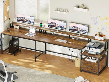 L Shaped Desk with Power Outlet and LED Lights, Corner Computer Desk with File Drawer for Home Office, Gaming Desk, Rustic Brown