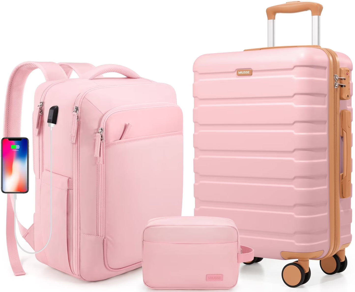 MIUSSE Carry on Luggage Set 3 Piece Hard Shell Luggage Sets with Spinner Wheels TSA Lock Carry on with Backpack Set