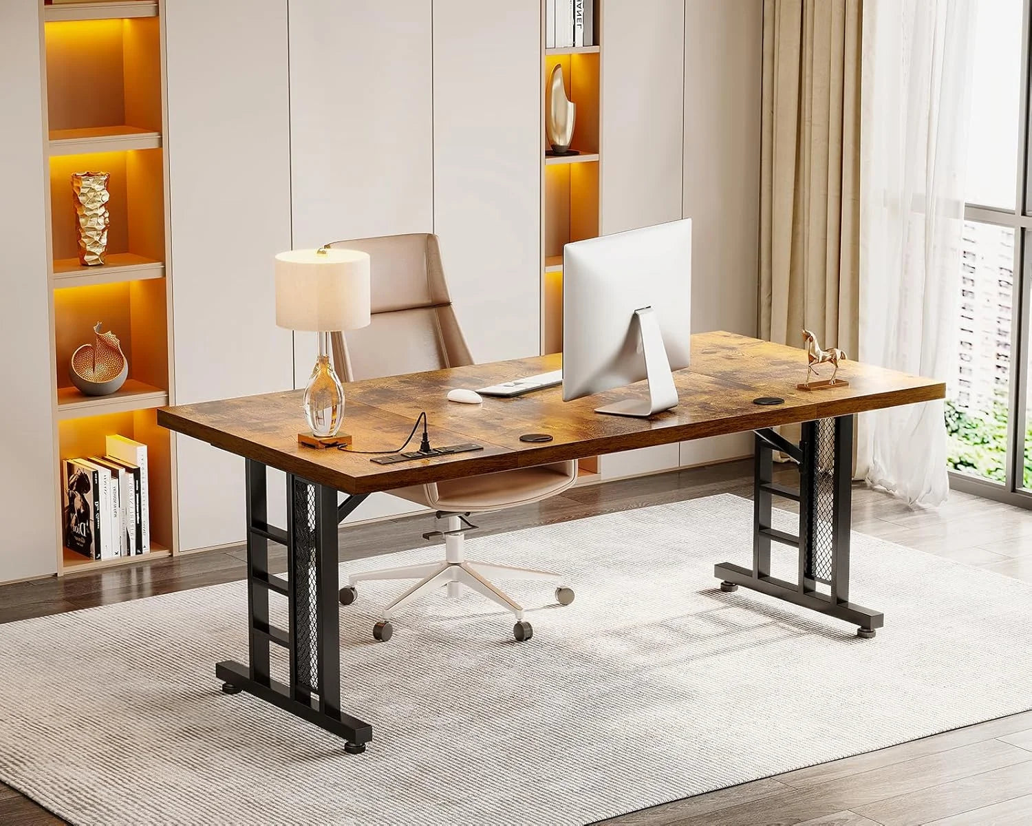 Coleshome 71 Inch Executive Desk with USB Ports, Large Computer Desk with Extra Thick, Long Mordern Office Desk, Workstation Business Furniture for Home Office, Vintage