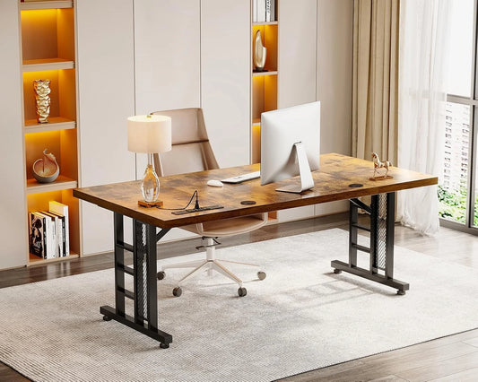 Coleshome 71 Inch Executive Desk with USB Ports, Large Computer Desk with Extra Thick, Long Mordern Office Desk, Workstation Business Furniture for Home Office, Vintage