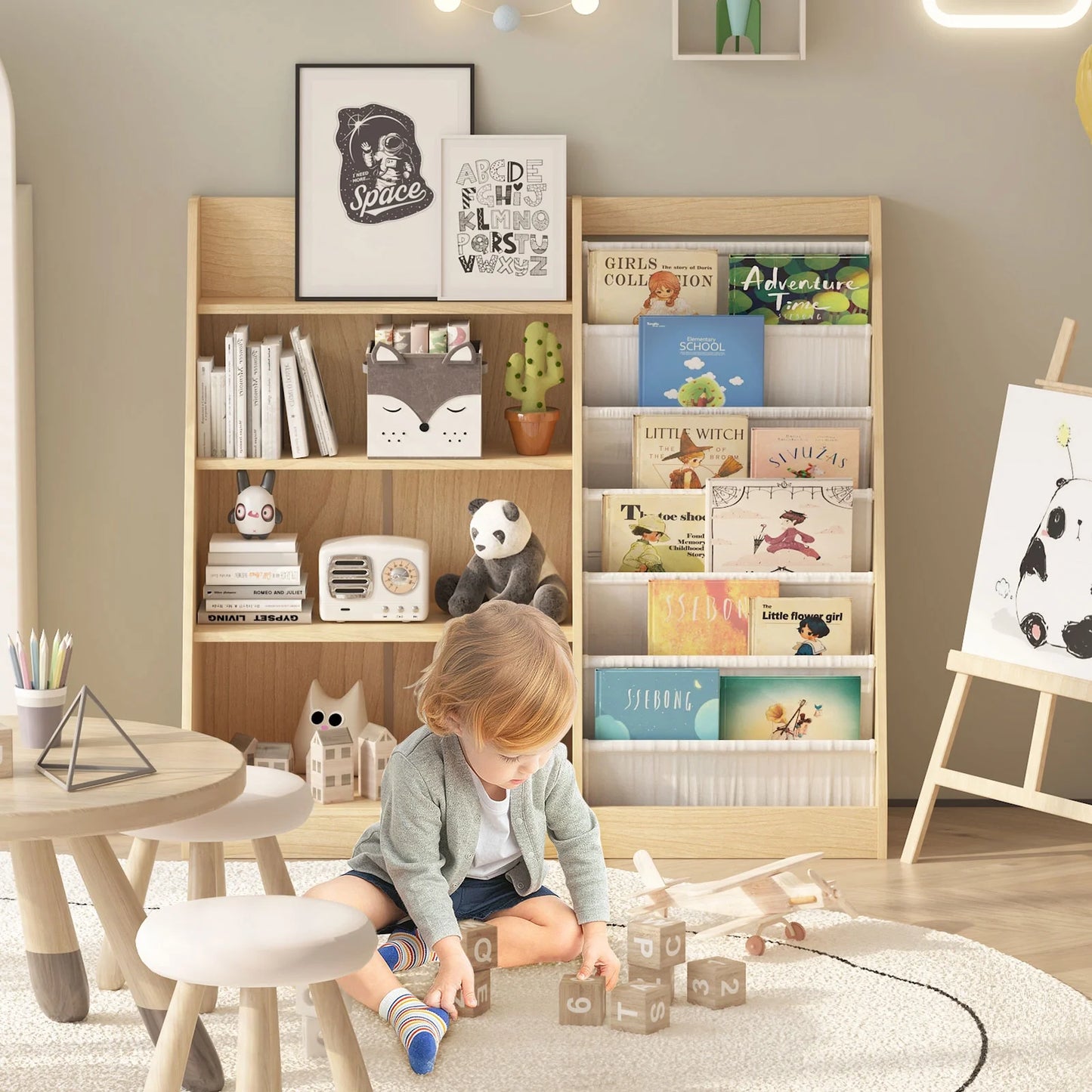 Hironpal Large 6 Layer Sling Kids Bookshelf, 4 Tier Wooden Children Toy Organizer Cabinet for Playroom Nursery Classroom Library