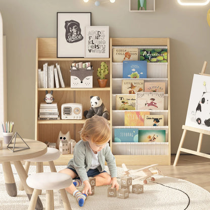 Hironpal Large 6 Layer Sling Kids Bookshelf, 4 Tier Wooden Children Toy Organizer Cabinet for Playroom Nursery Classroom Library