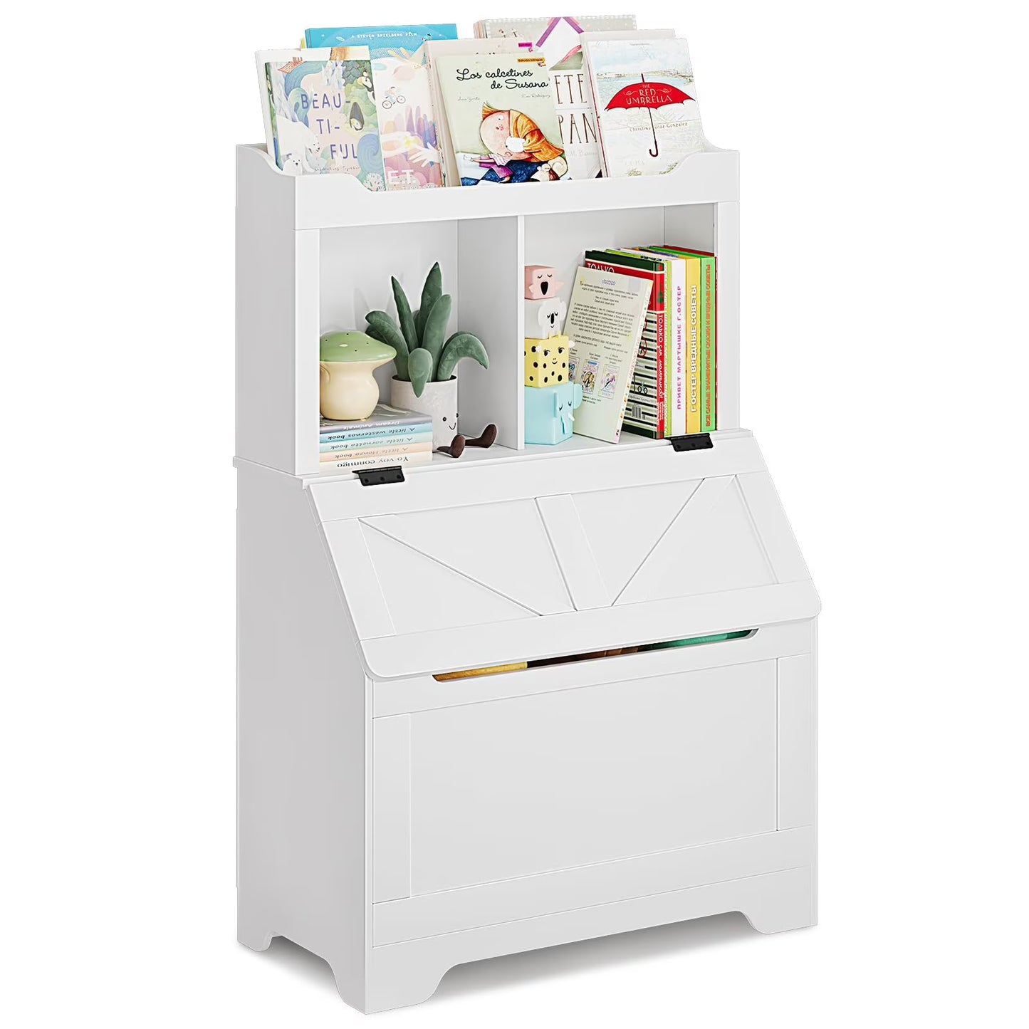 Kids Bookshelf and Toy Storage Organizer, Large Wooden Toy Box Chest with Flip-top Lid and Cubby, 3-Tire Children's Bookcase with Toy Storage Cabinet for Playroom Bedroom Nursery Kindergarten Hallway