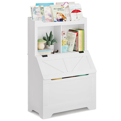 Kids Bookshelf and Toy Storage Organizer, Large Wooden Toy Box Chest with Flip-top Lid and Cubby, 3-Tire Children's Bookcase with Toy Storage Cabinet for Playroom Bedroom Nursery Kindergarten Hallway