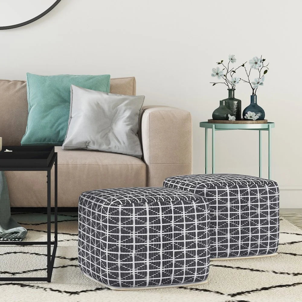 Noreen Boho Square Pouf in Slate Grey and White Handloom Woven Pattern