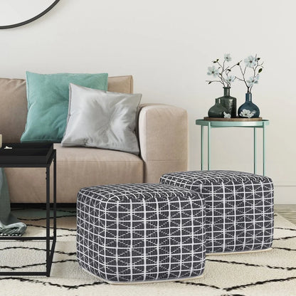 Noreen Boho Square Pouf in Slate Grey and White Handloom Woven Pattern