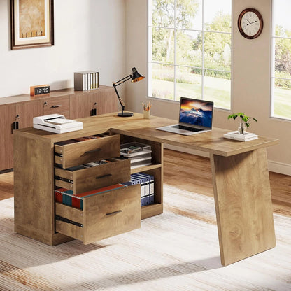 55-Inch L Shaped Computer Desk with 3 Drawers, Corner Home Office Desk with Storage Shelves
