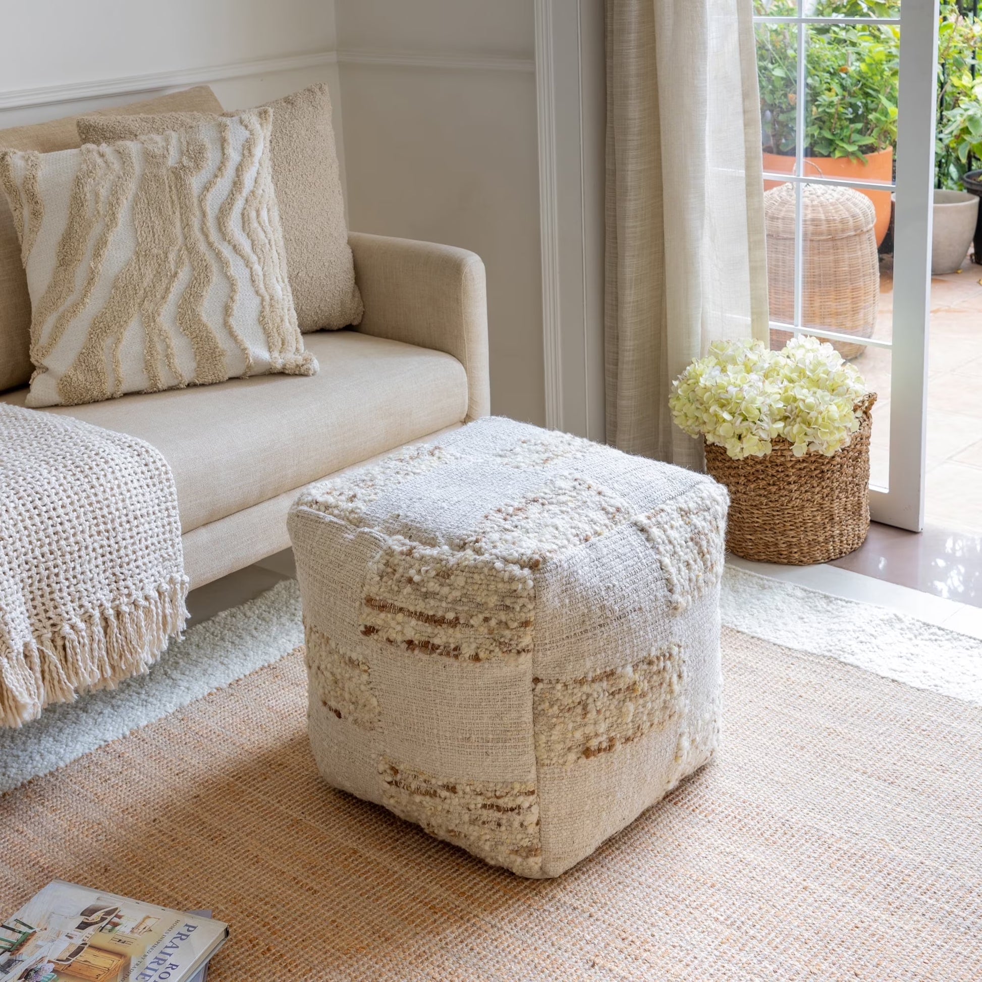Ox Bay Shiela Square Ivory/Blue Distressed Indoor Pouf Ottoman, 18"H x 18"W