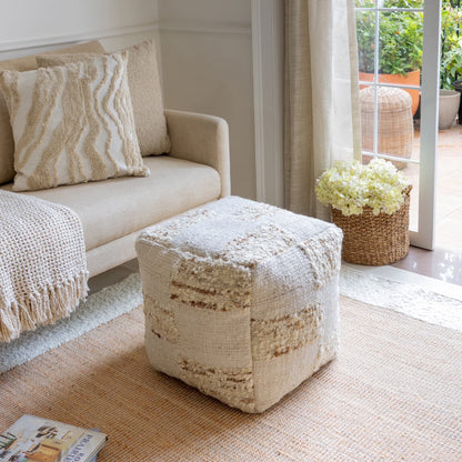 Ox Bay Shiela Square Ivory/Blue Distressed Indoor Pouf Ottoman, 18"H x 18"W