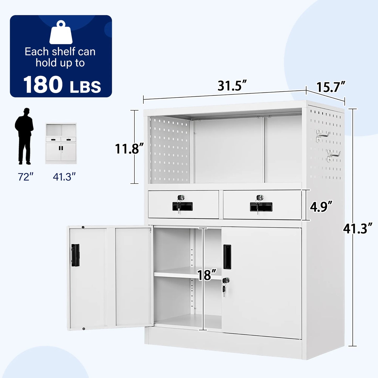 Fesbos Locking Cabinet with 2 Drawers, Metal Storage Cabinet with Locking Doors and Shelves - 41.3" Steel Lockable Storage Cabinet, Metal Cabinet for Home Office, Garage