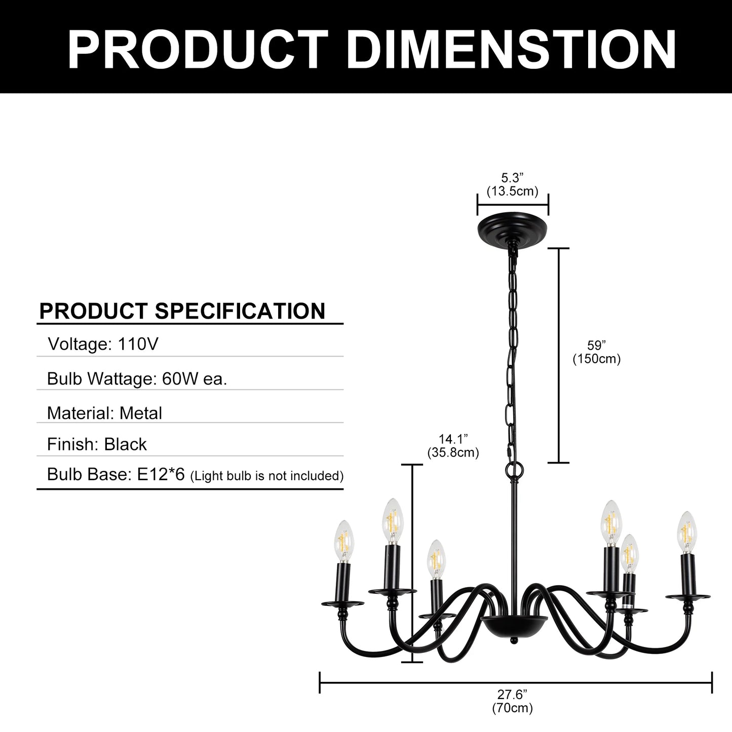 LOHASLED 6-Light Matte Black Finish Candle Style Chandelier,Farmhouse Hanging Light, Indoor for Foyer, Living Room,Dining Room, Bedroom