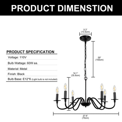 LOHASLED 6-Light Matte Black Finish Candle Style Chandelier,Farmhouse Hanging Light, Indoor for Foyer, Living Room,Dining Room, Bedroom