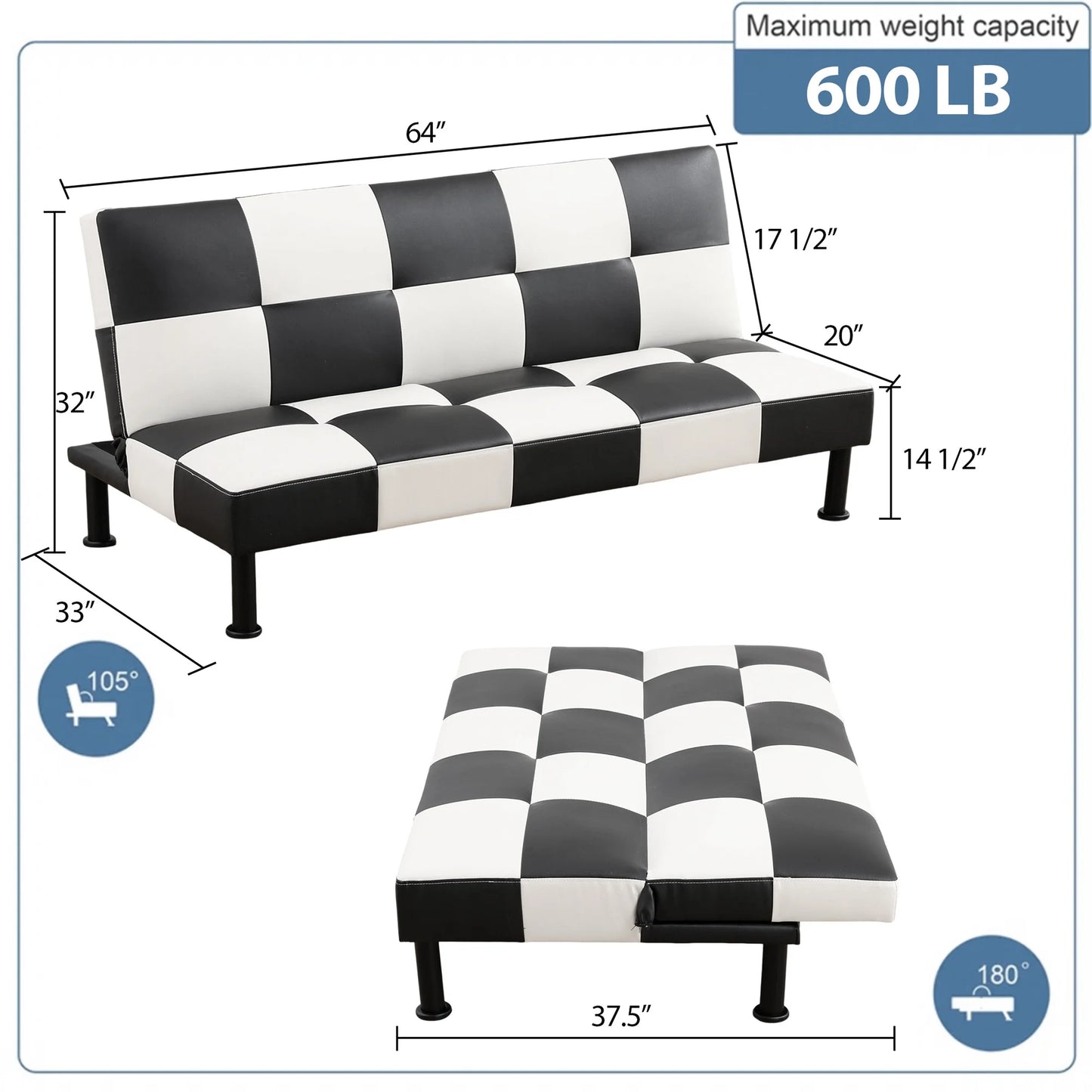 Aukfa Faux Leather Futon Convertible Sofa Bed for Home Office Twin Size, Black& White