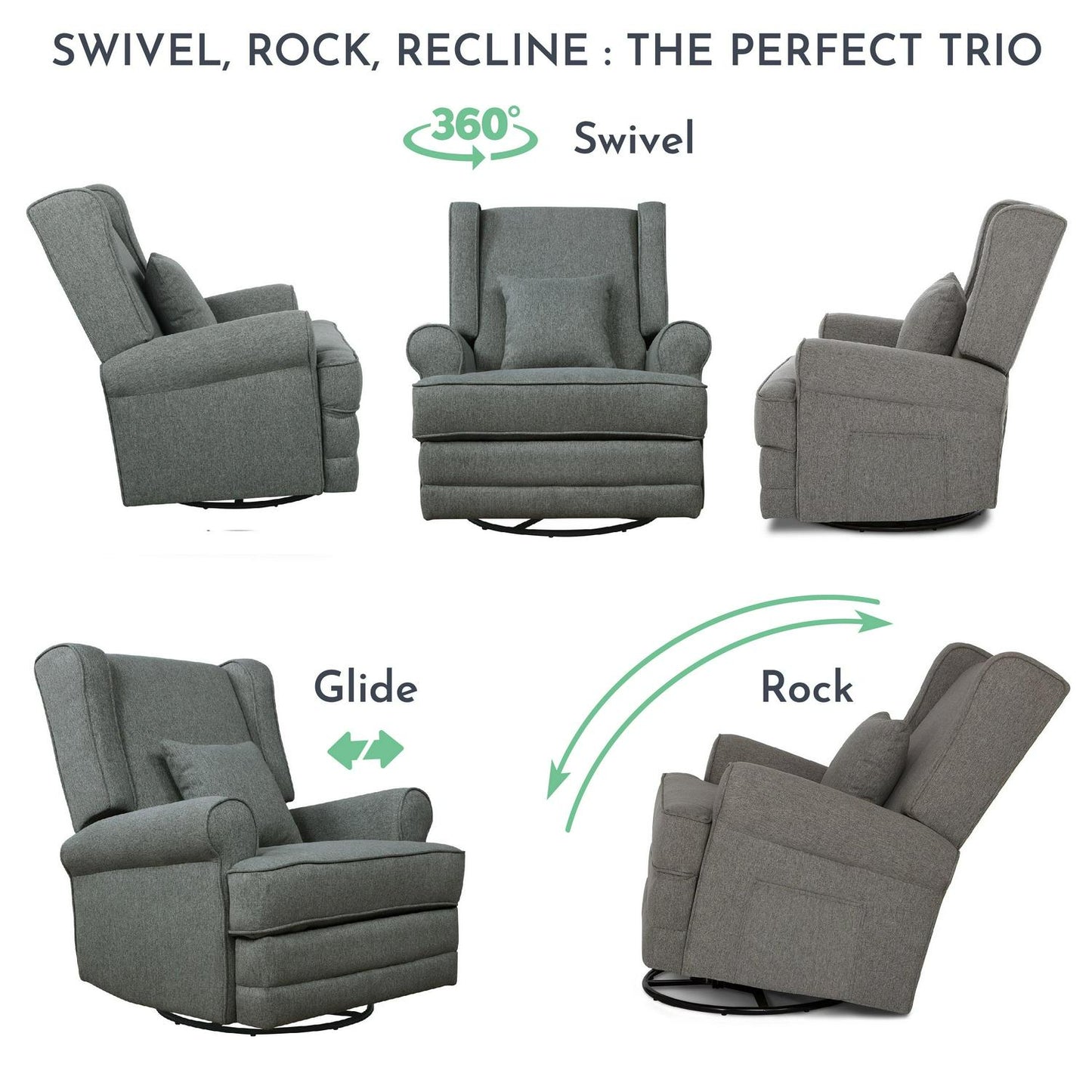 Evolur Melbourne Wing Back Swivel Glider I Nursery Glider I Durable Soft Fabric I Bonus Pillow In Iron