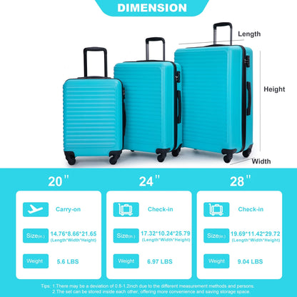 3 Pieces Luggage Sets, Expandable ABS Hardshell Clearance Luggage, Hardside Lightweight Durable Suitcase Sets with Two Hooks, Spinner Wheels and TSA Lock, 20in/24in/28in Travel Suitcase, Turquoise