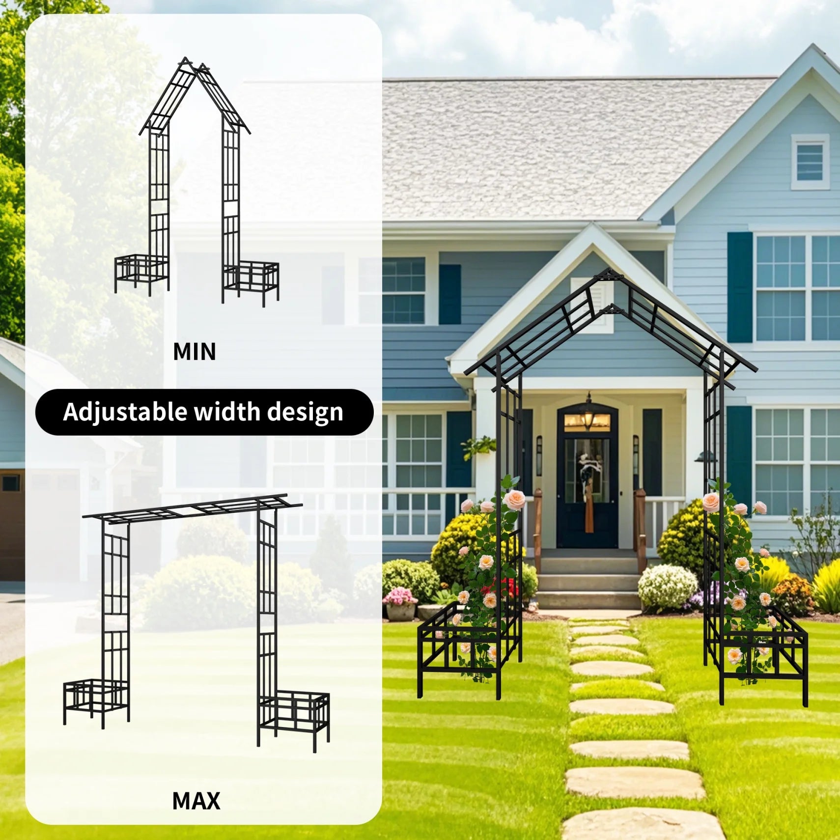 Metal Garden Arch with Plant Box and Adjustable Width, 2 in 1 House Shape Garden Arch Trellis for Climbing Plants Heavy Duty Steel Pergola Arch for Wedding Party Backyard Outdoor (Black)