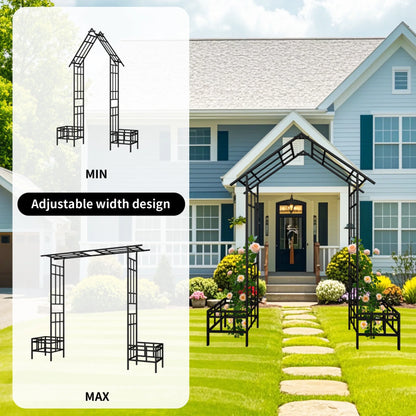 Metal Garden Arch with Plant Box and Adjustable Width, 2 in 1 House Shape Garden Arch Trellis for Climbing Plants Heavy Duty Steel Pergola Arch for Wedding Party Backyard Outdoor (Black)