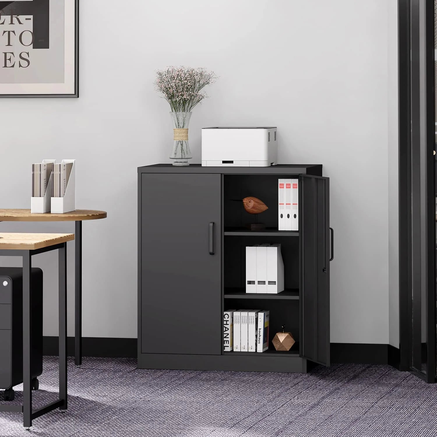 Metal Garage Storage Cabinet with 2 Doors and 2 Adjustable Shelves - 35.5" Steel Lockable File Locking Counter Cabinet for Home Office,Gym,SchoolBlack