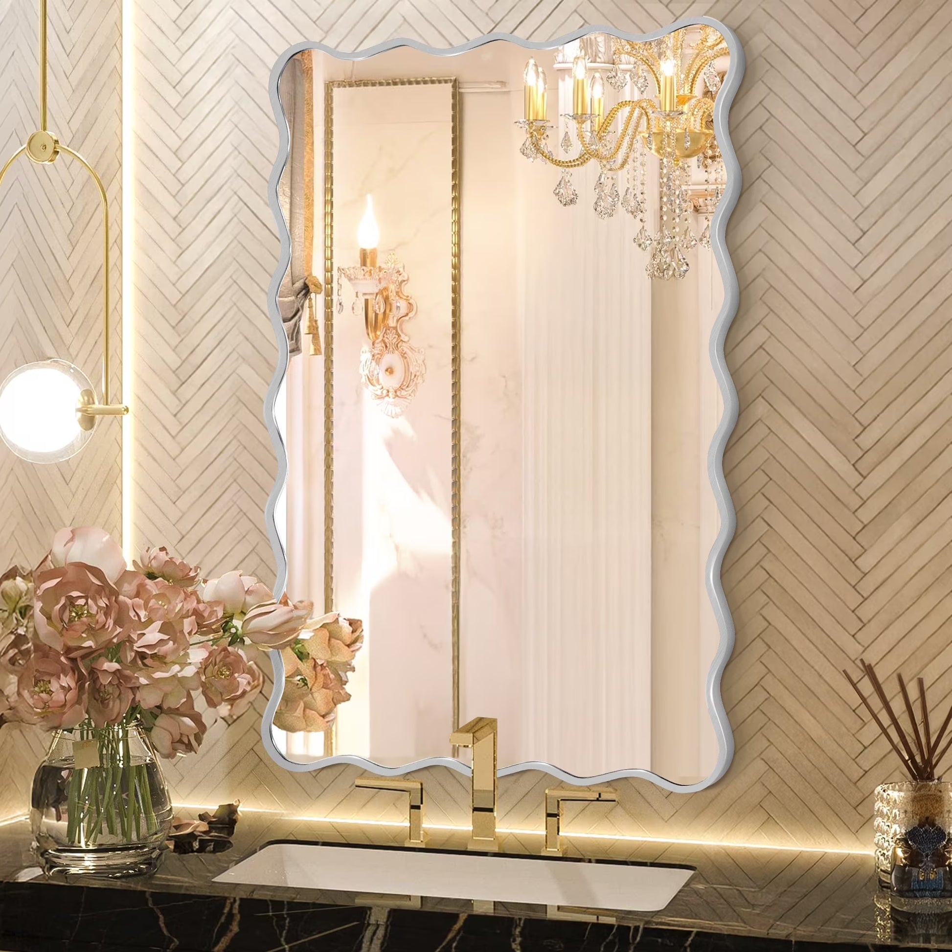 TEWLOSS 24"x36" Rectangle Wavy Wall Mirror Decorative Wall Mirror Gold Aluminum Alloy Framed