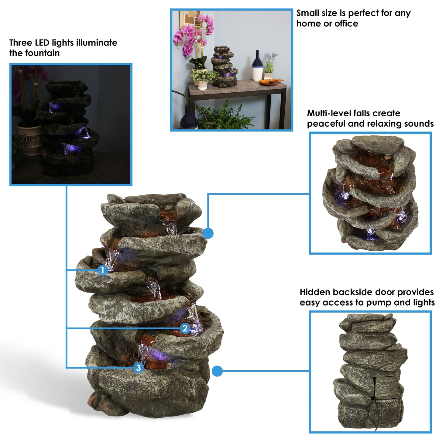 Sunnydaze Indoor Home Office Relaxing 6-Tiered Stone Falls Tabletop Water Fountain with LED Lights - 15"