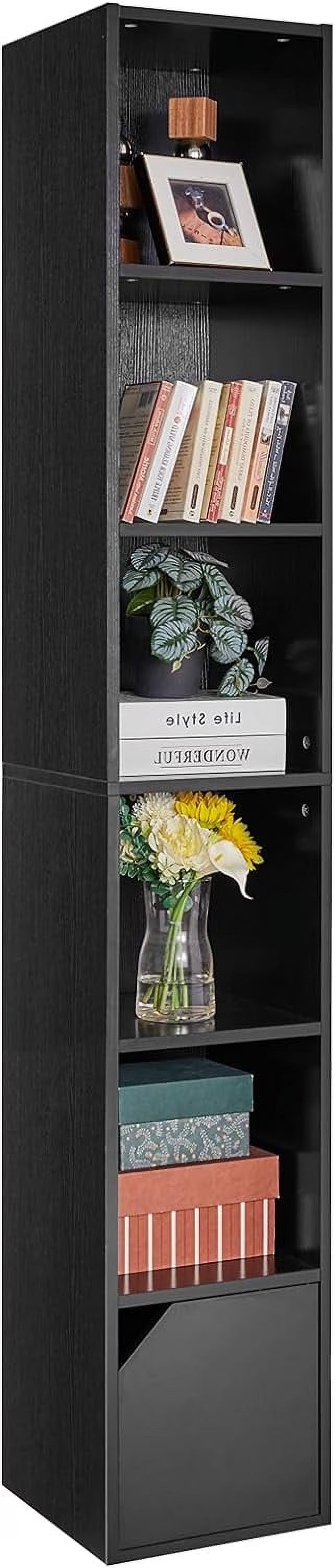 6 Tier Narrow Bookcase with Doors, Cube CD DVD Storage Cabinet,Slim Media Tower Rack,Cabinet,Black Bookcase Display Storage Shelves for Small Spaces,for Home Office Black