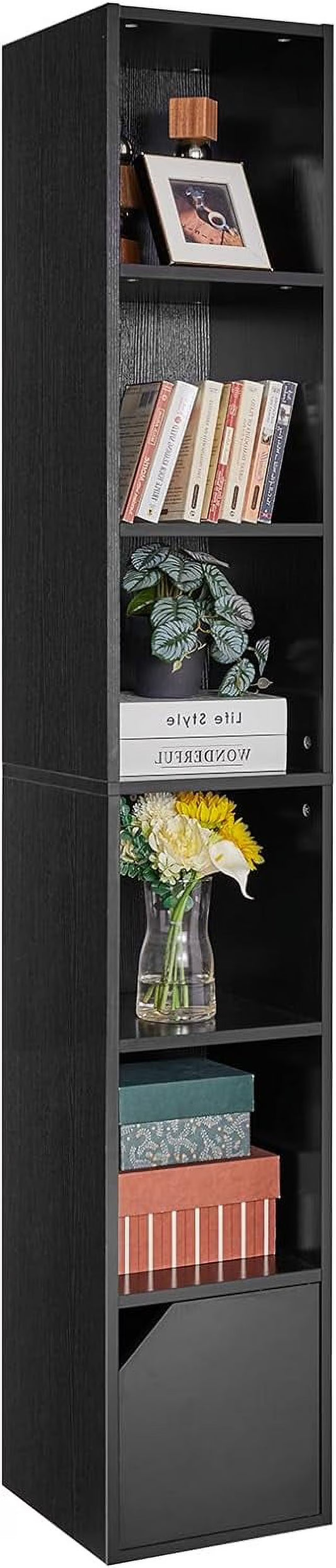 6 Tier Narrow Bookcase with Doors, Cube CD DVD Storage Cabinet,Slim Media Tower Rack,Cabinet,Black Bookcase Display Storage Shelves for Small Spaces,for Home Office Black
