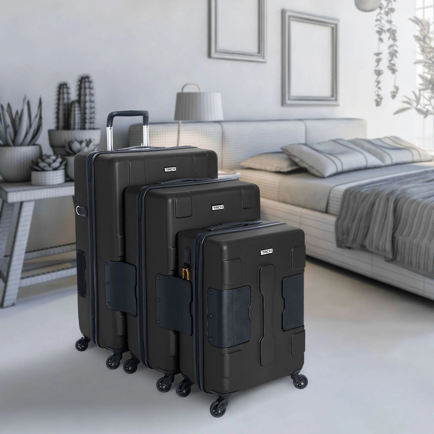 TACH V3 Lightweight 3pc Hardside Luggage Suitcase Set w/Charge Ports, Black