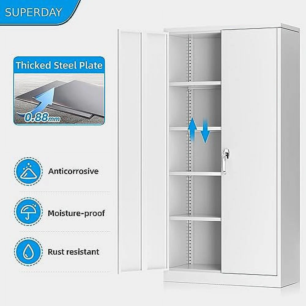 Superday Metal Storage Cabinets, 71" Storage Cabinet with Locking Door, Tall Garage Cabinet with 2 Doors and 4 Adjustable Shelves for Home Office, Classroom, Easy Assemble(White Grey)