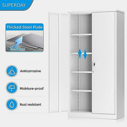 Superday Metal Storage Cabinets, 71" Storage Cabinet with Locking Door, Tall Garage Cabinet with 2 Doors and 4 Adjustable Shelves for Home Office, Classroom, Easy Assemble(White Grey)