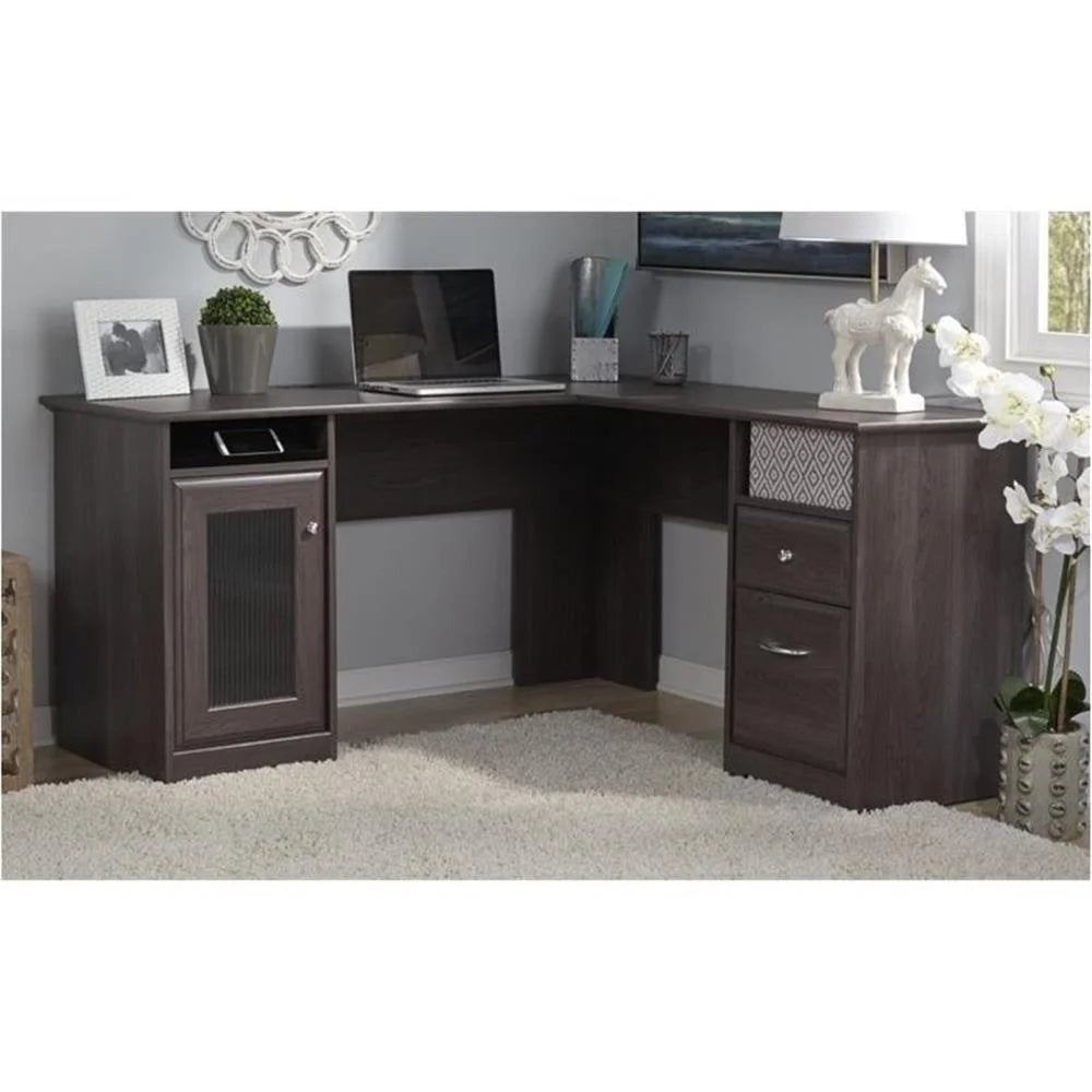 Pemberly Row 60" Home Office L-Shape Desk with 4-Port USB Hub and File Drawer in Heather Gray
