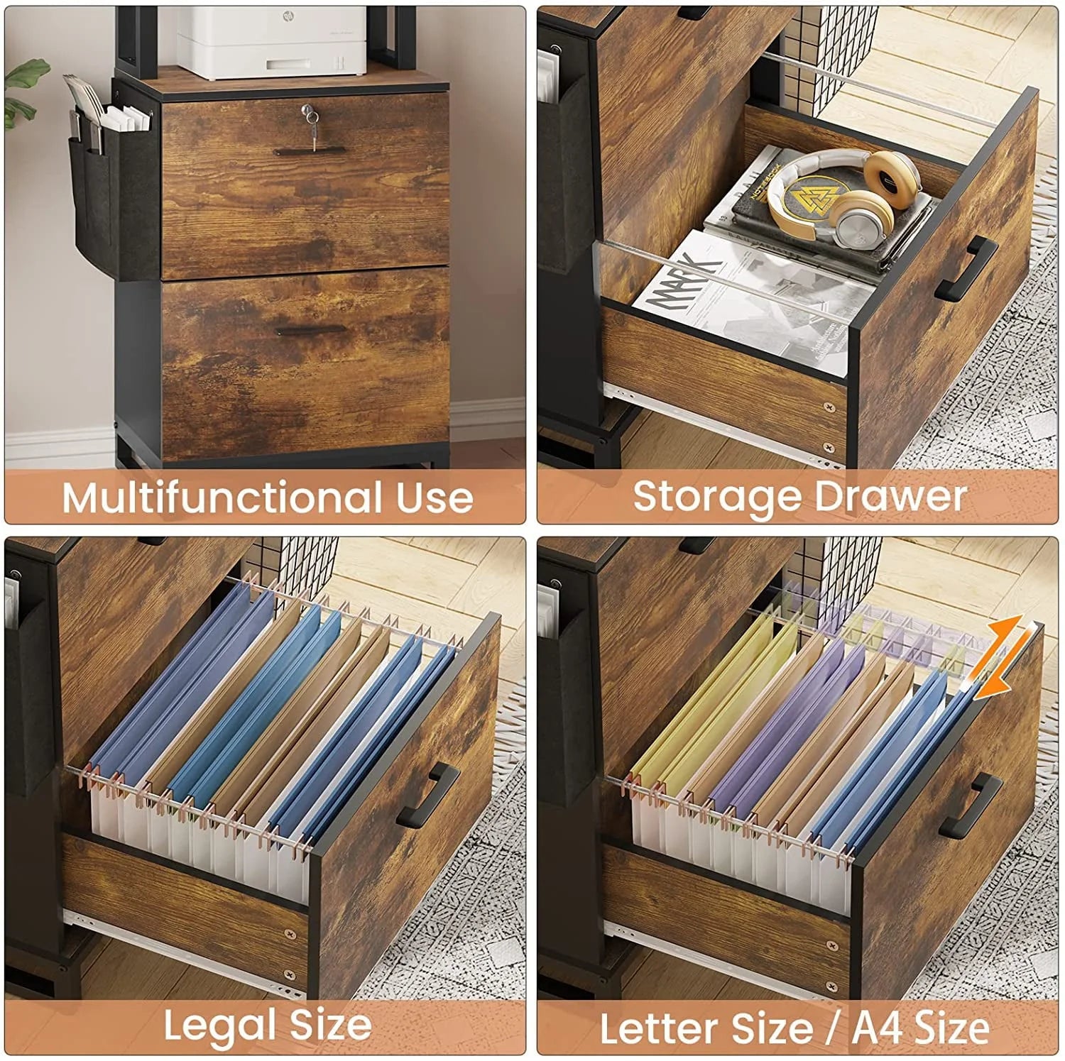 2 Drawer File Cabinet with Lock& Storage Bag,Rustic Home Office Filing Cabinets with Adjustable Storage Shelf,Brown