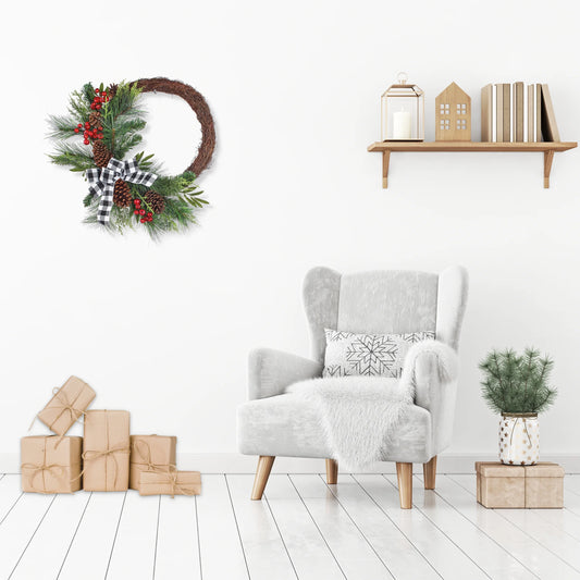 24 in. Artificial Christmas Wreath, Mixed Pine Berries, Buffalo Plaid Bow, Pine Cones, Red Berries