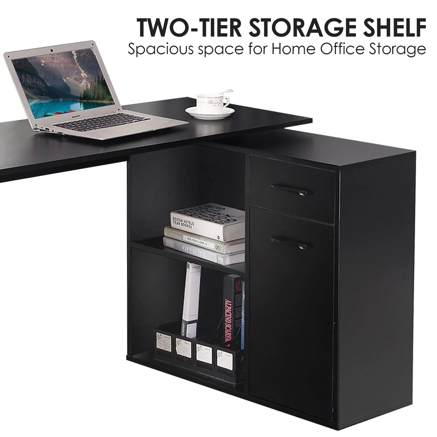 Hoffree 180 Degree Rotating Computer Desk with 2 Open Shelves 68 inch L-Shaped Desk with Drawers & File Cabinet Study Workstation for Home Office & Bedroom, Black/White