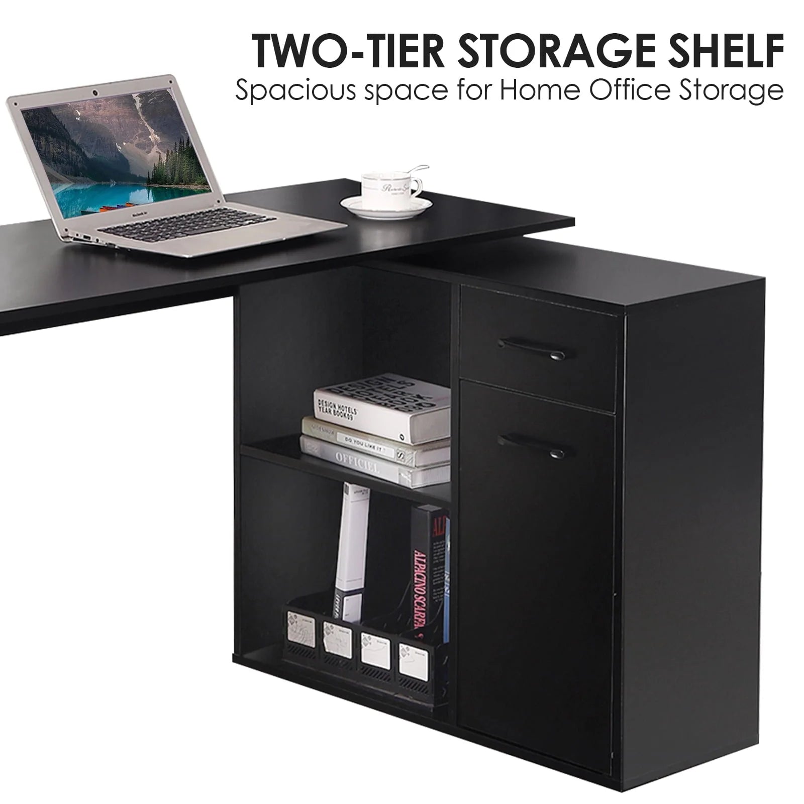 Hoffree 180 Degree Rotating Computer Desk with 2 Open Shelves 68 inch L-Shaped Desk with Drawers & File Cabinet Study Workstation for Home Office & Bedroom, Black/White