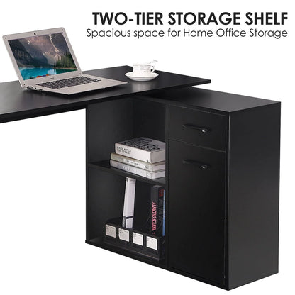 Hoffree 180 Degree Rotating Computer Desk with 2 Open Shelves 68 inch L-Shaped Desk with Drawers & File Cabinet Study Workstation for Home Office & Bedroom, Black/White