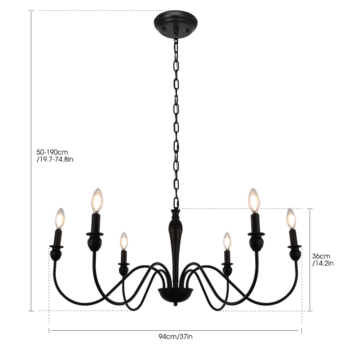 LOHASLED 6-Light Matte Black Finish Candle Style Chandelier,Farmhouse Hanging Light, Indoor for Foyer, Living Room,Dining Room, Bedroom