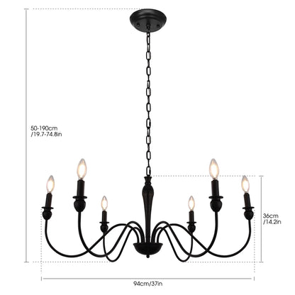 LOHASLED 6-Light Matte Black Finish Candle Style Chandelier,Farmhouse Hanging Light, Indoor for Foyer, Living Room,Dining Room, Bedroom