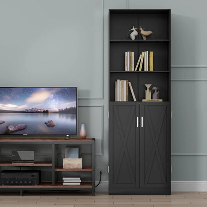 Loomie Industrial Boolshelf with Door, 6 Tier Farmhouse Book Shelf with Adjustable Shelves,70" Tall Display Etagere Bookcase,Floor Standing Unit Book Case Furniture for Home Office,Living Room (Black)