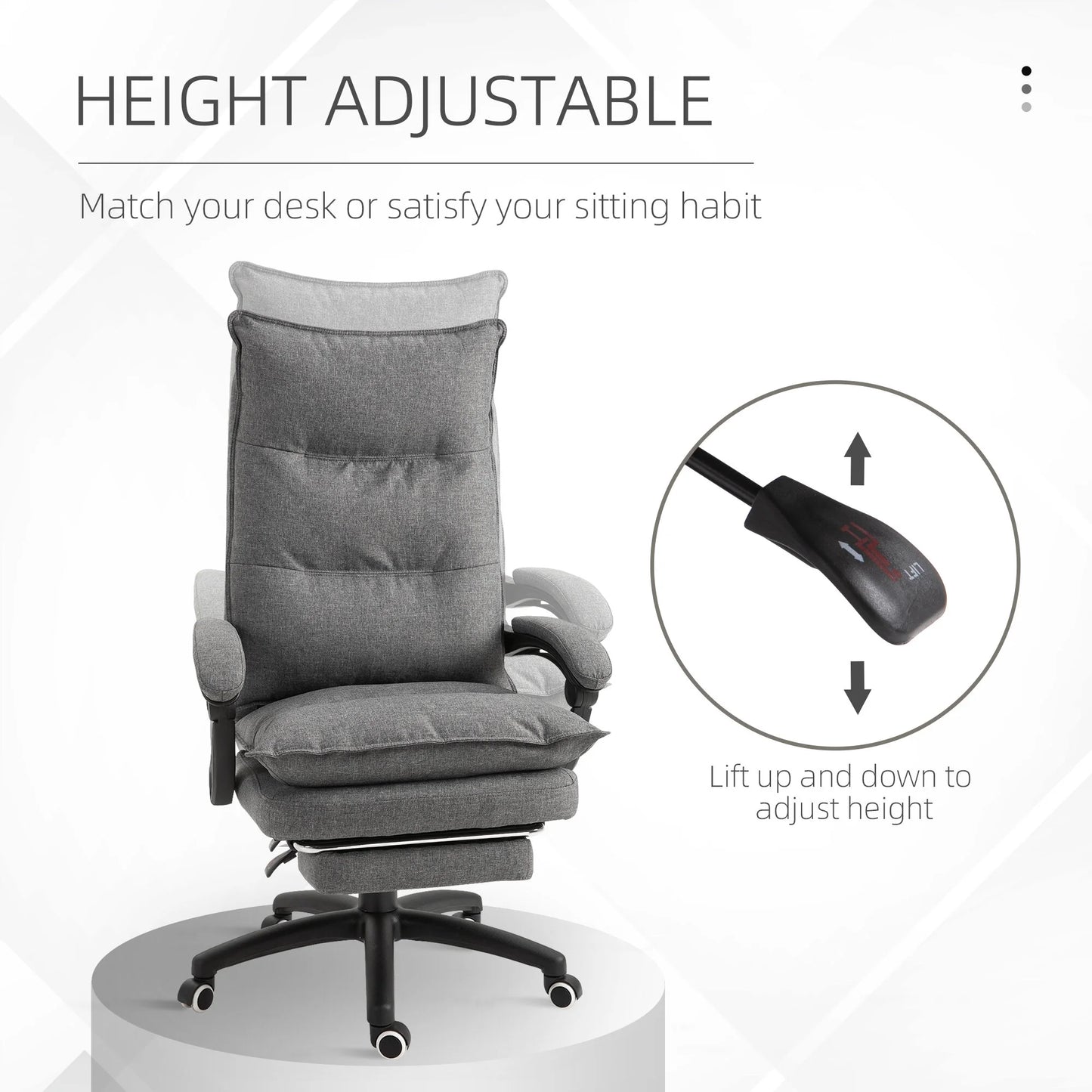 Office Chair Vinsetto 360° Swivel Executive Home Office Chair Adjustable Height Linen Style Fabric Recliner with Retractable Footrest and Double Padding, Grey,Ergonomic Office Chair