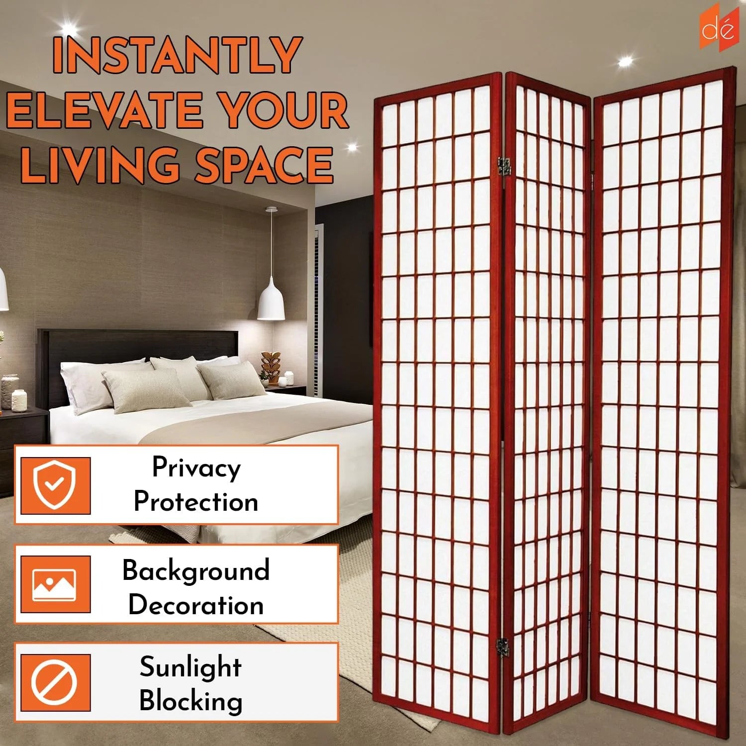 Legacy Decor Japanese Oriental 5 Panel Room Divider, 71" Tall, Black Color, Freestanding