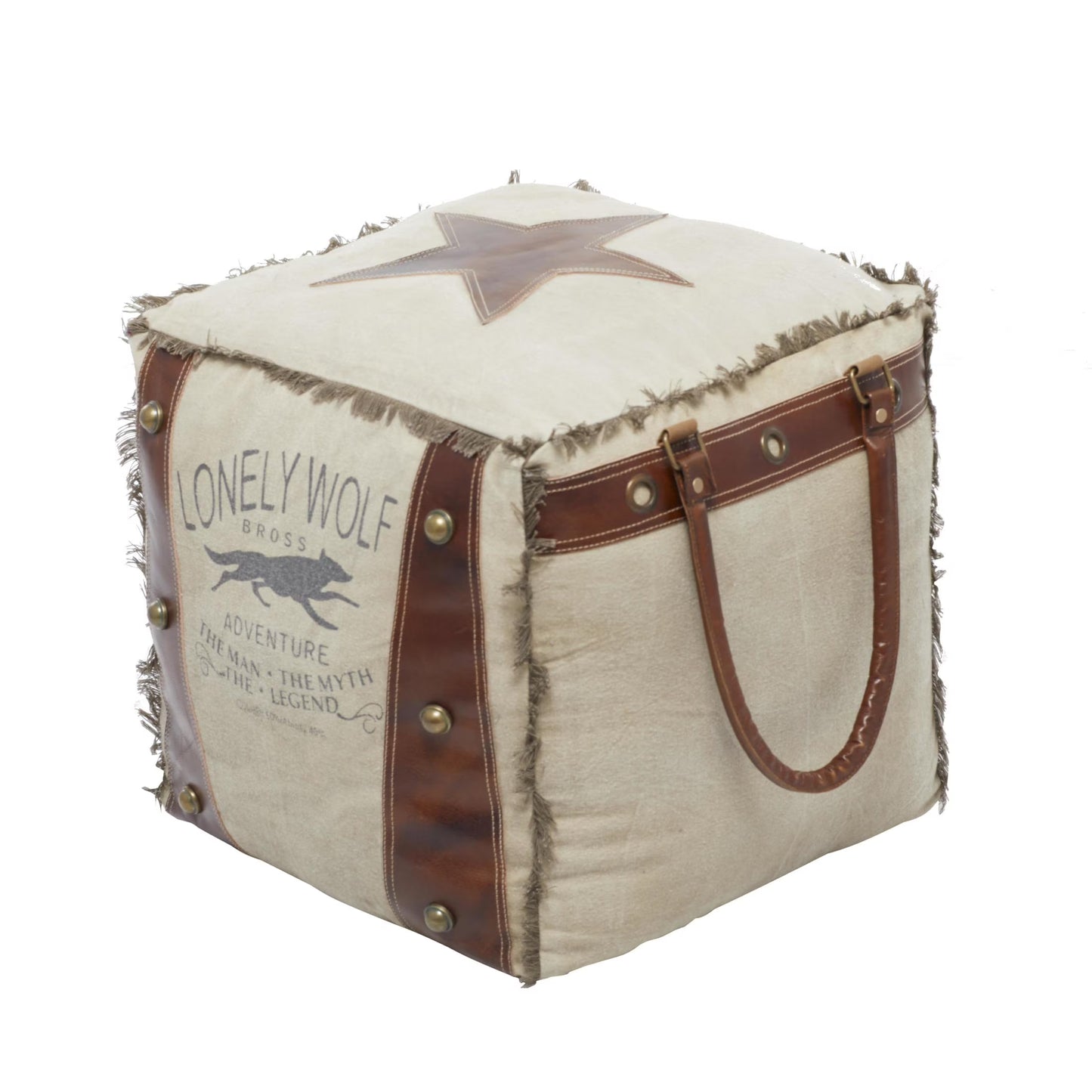 DecMode Rustic and Organic Square Ottoman Fabric Pouf features White Canvas and Brown Leather Handles with "Lonely Wolf" and Star Designs, 20"W x 19"H