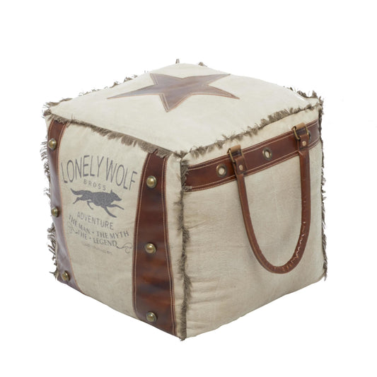 DecMode Rustic and Organic Square Ottoman Fabric Pouf features White Canvas and Brown Leather Handles with "Lonely Wolf" and Star Designs, 20"W x 19"H