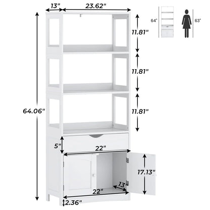 Kitchen Sideboard Pantry Cabinet Tall Freestanding Storage Cabinets with Shelves and Drawer for Bathroom Home Office, White