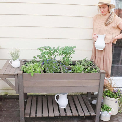 MEDEHOO Elevated Wooden Planter Box with Locking Casters - 52.7" L x 22" W x 30" H Raised Garden Bed, Removable Liner & 230lb Weight Capacity for Outdoor Plants