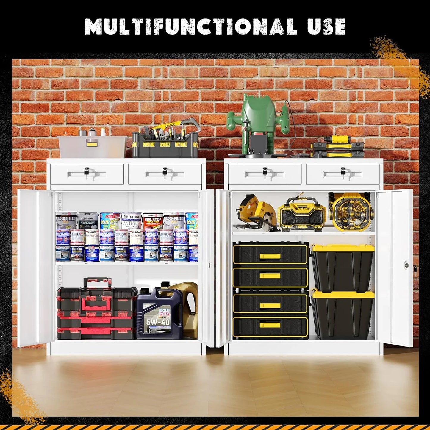 SOLAURA Metal Storage Cabinet with 2 Drawers,36" Black Metal Cabinets with Locking Doors and Adjustable Shelves for Home Office, Garage, Apartment