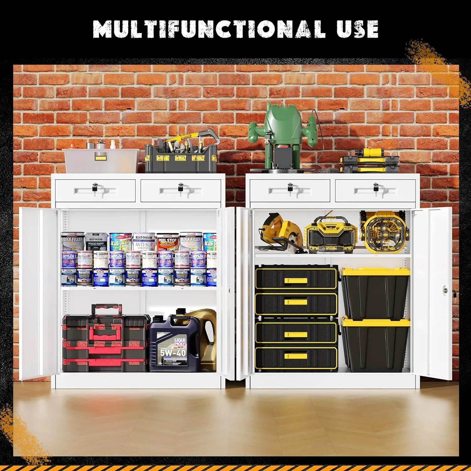 SOLAURA Metal Storage Cabinet with 2 Drawers,36" Black Metal Cabinets with Locking Doors and Adjustable Shelves for Home Office, Garage, Apartment