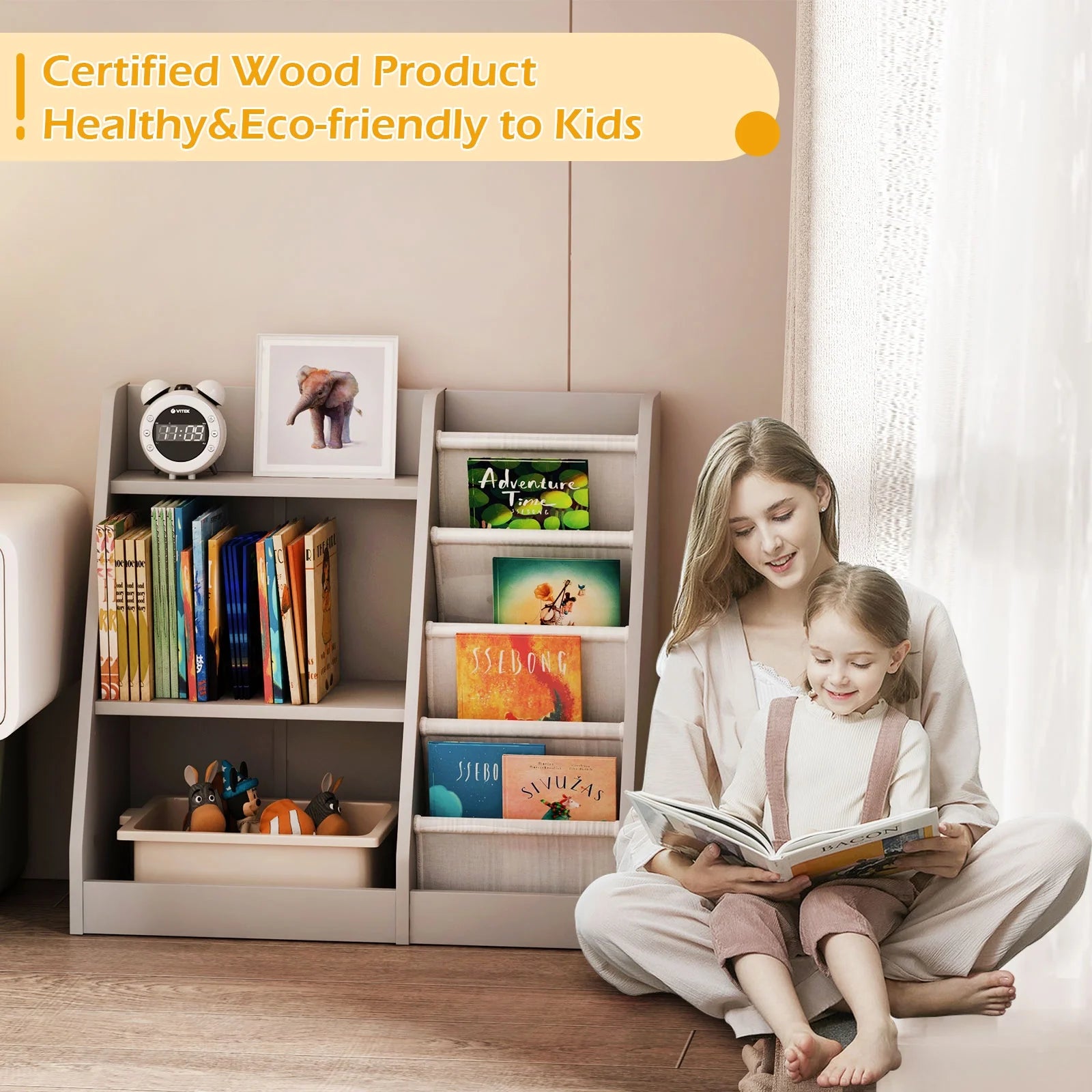 Hironpal Small 3 Tier Kids Bookshelf with 4 Layer Sling Adjustable Book Display Shelf for Nursery Playroom Kids Baby Bedroom